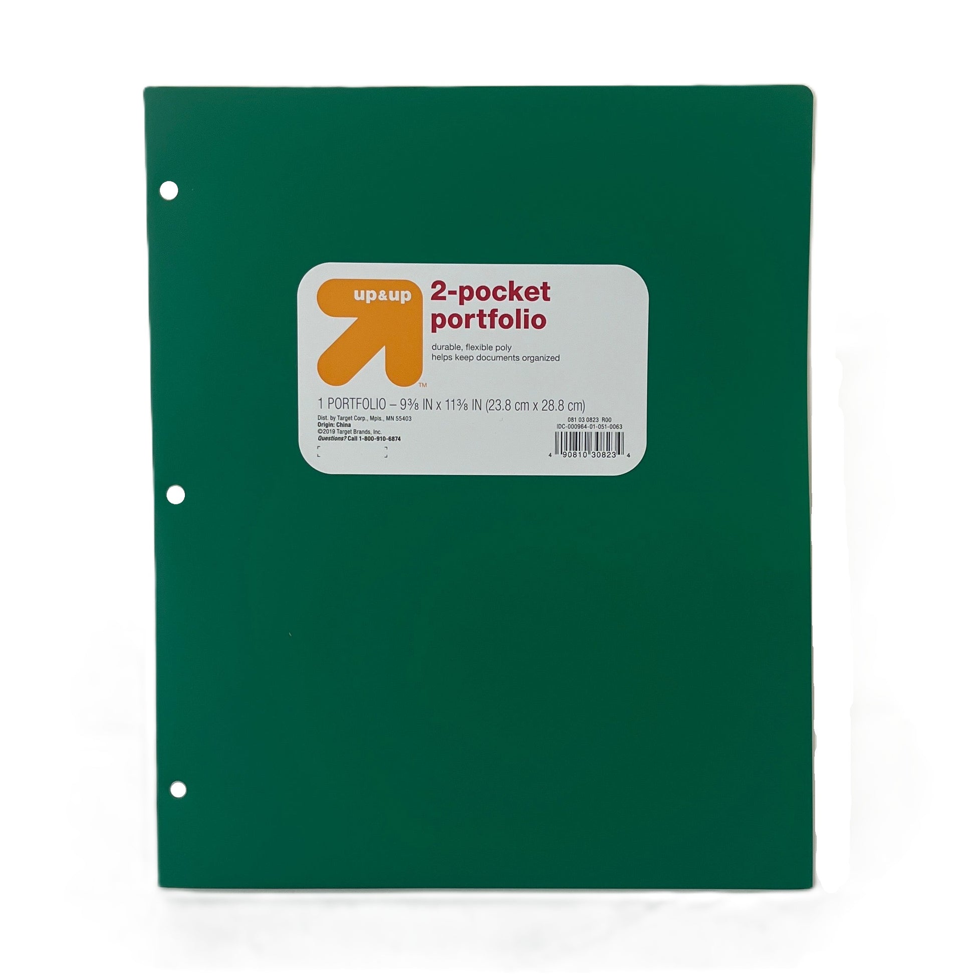 Green two-pocket portfolio with Up&Up label on a white background