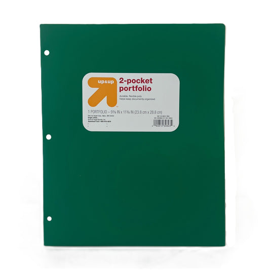 Green two-pocket portfolio with Up&Up label on a white background
