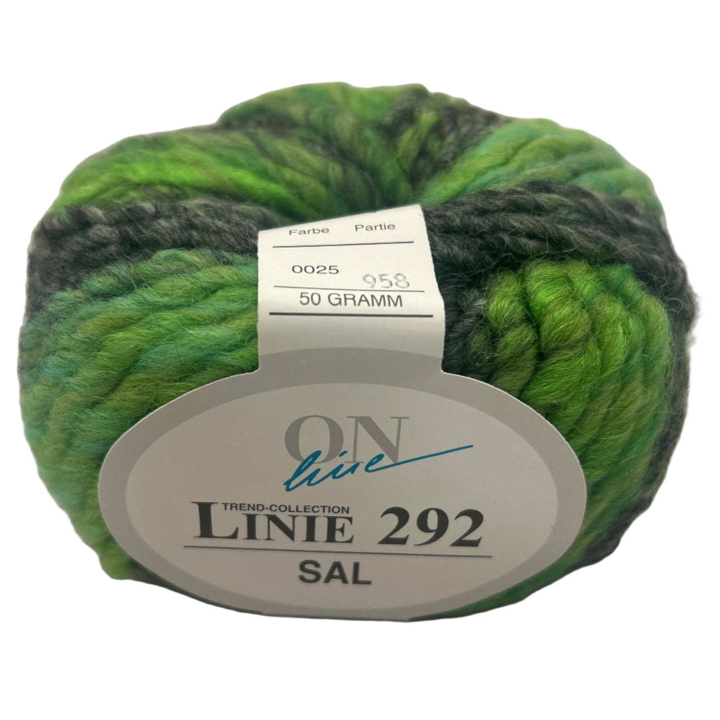 Green and gray skein of yarn with a label on a white background