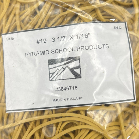 Packaged yellow rubber bands with Pyramid School Products label on a white background