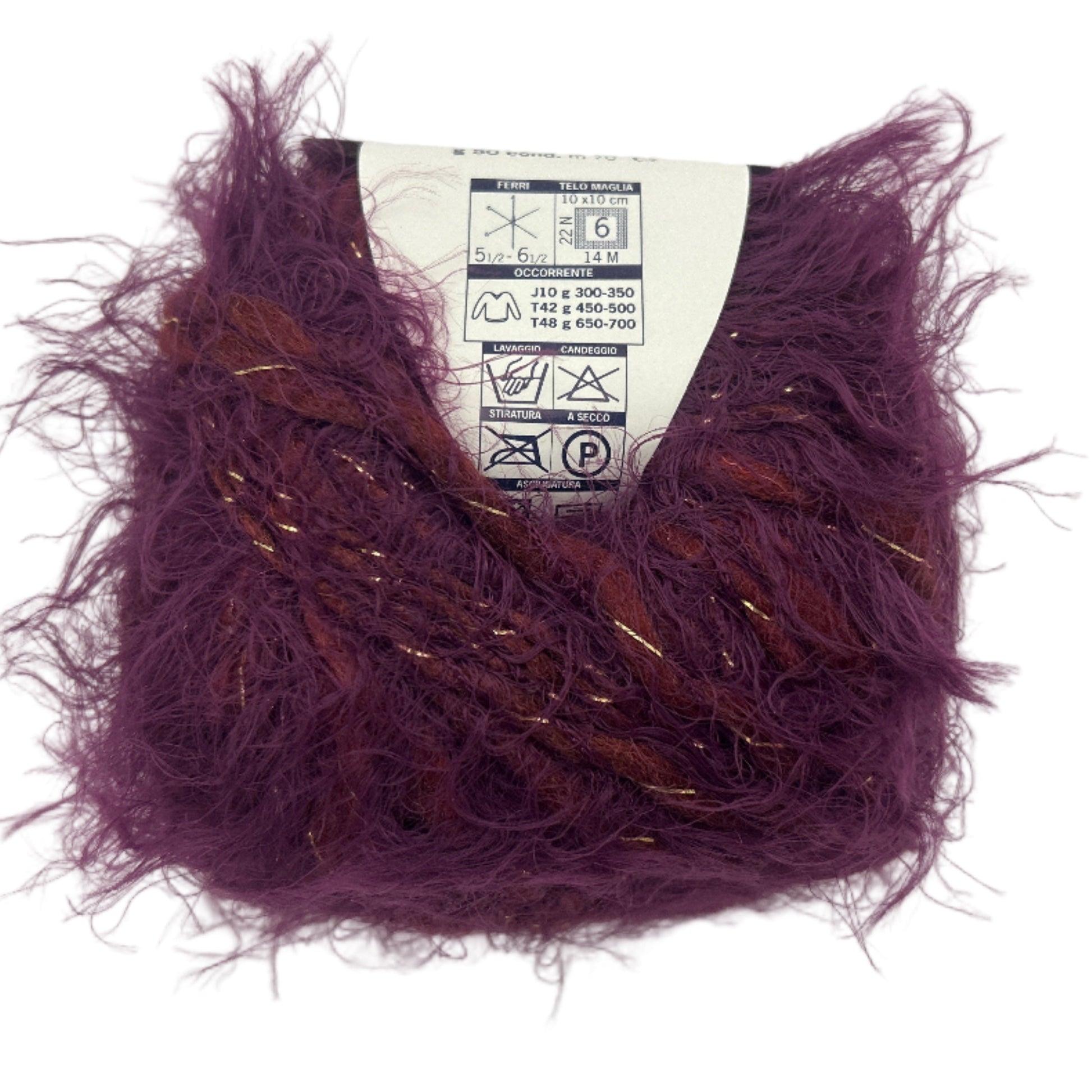 Purple yarn ball with a label on a white background