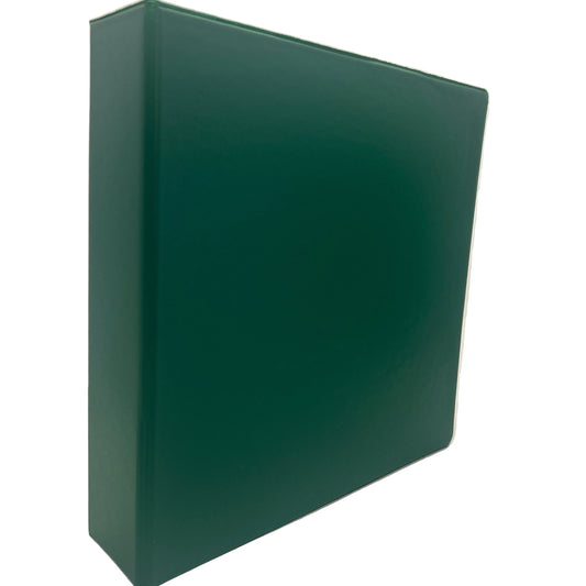 Green three-ring binder on a white background