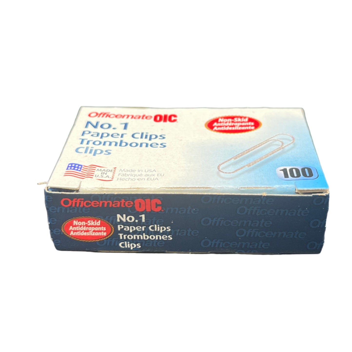Box of Officemate OIC paper clips on a white background