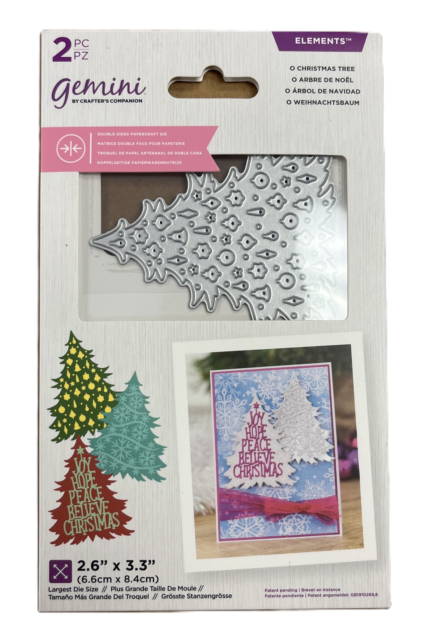 Packaging of Gemini Christmas tree die set with die and example card.