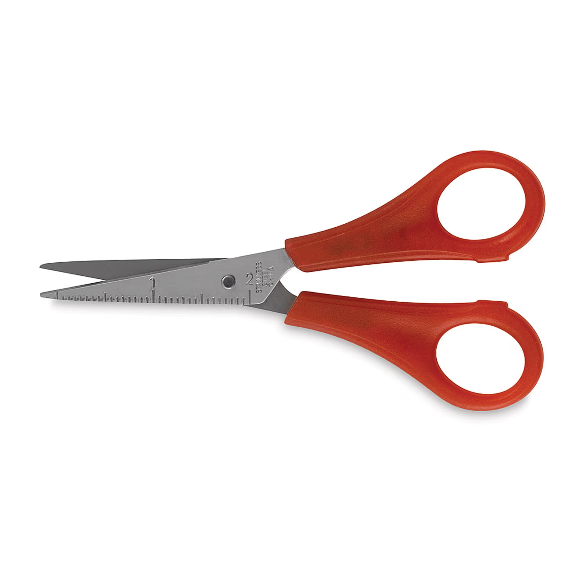 Red-handled scissors on a white background