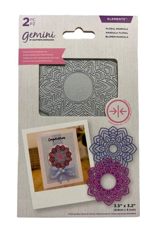 Package of Gemini mandala-themed metal dies with a card example on a white background