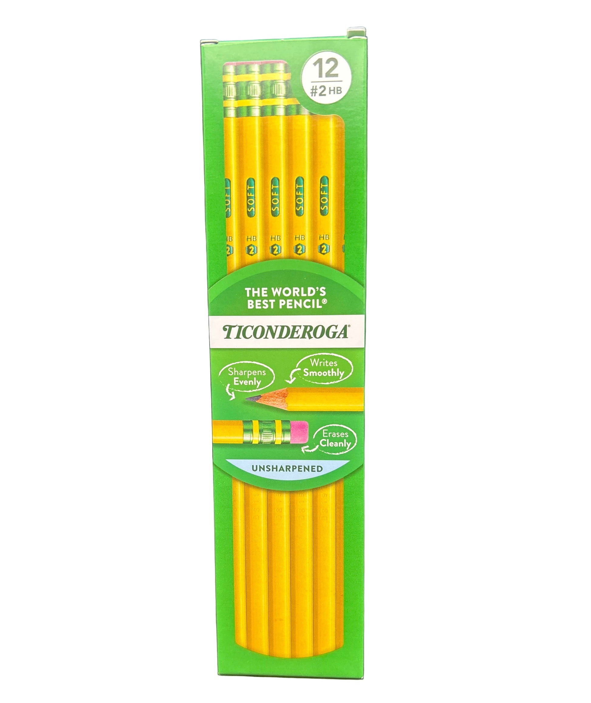 Ticonderoga pencils in a green packaging on a white background