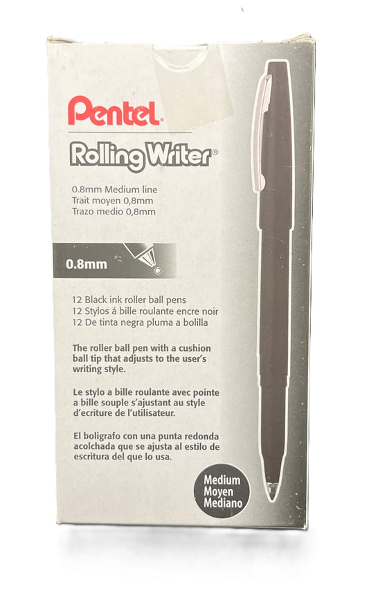 Pentel Rolling Writer packaging with a pen on a white background
