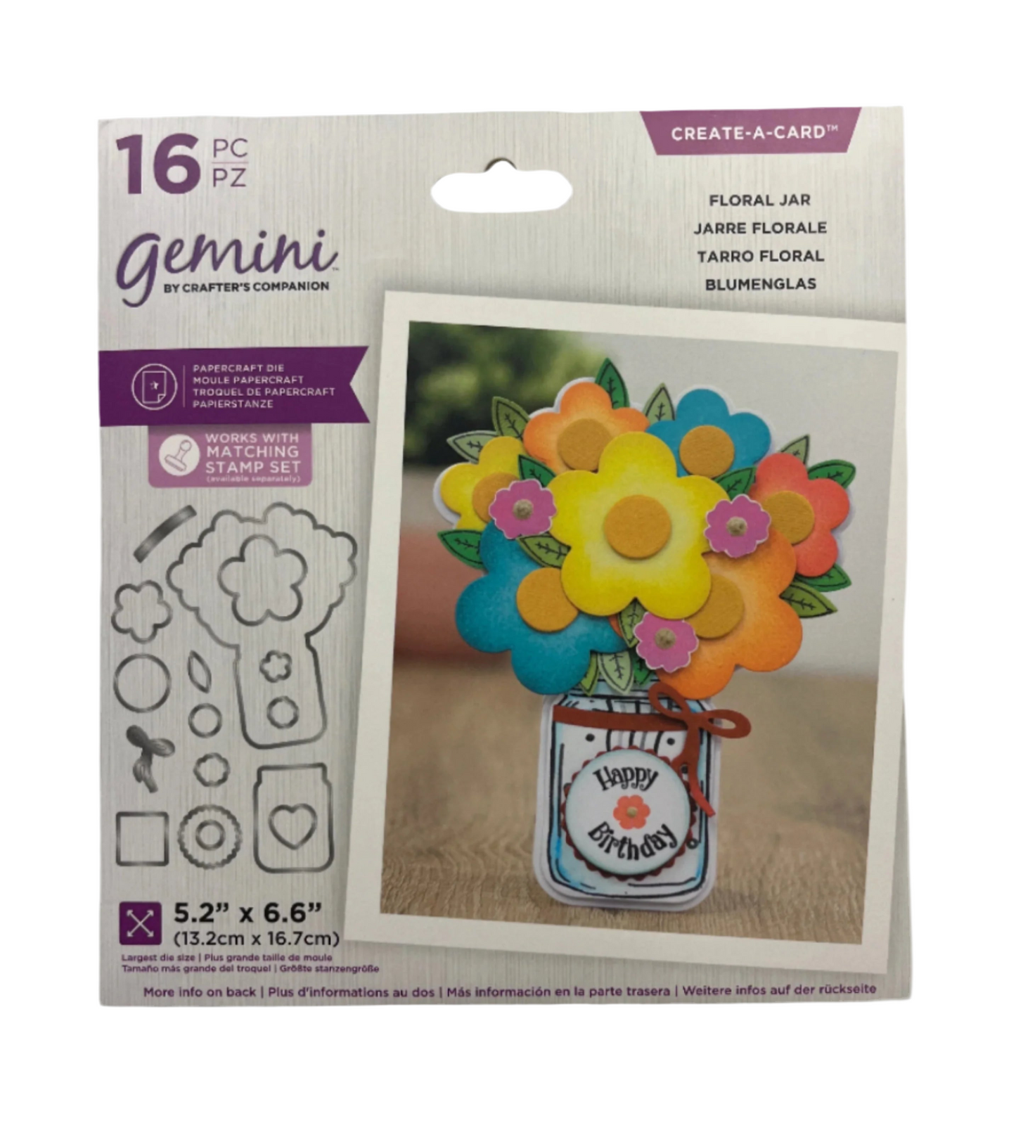 Packaging of Gemini craft die set with floral jar and flowers on a white background