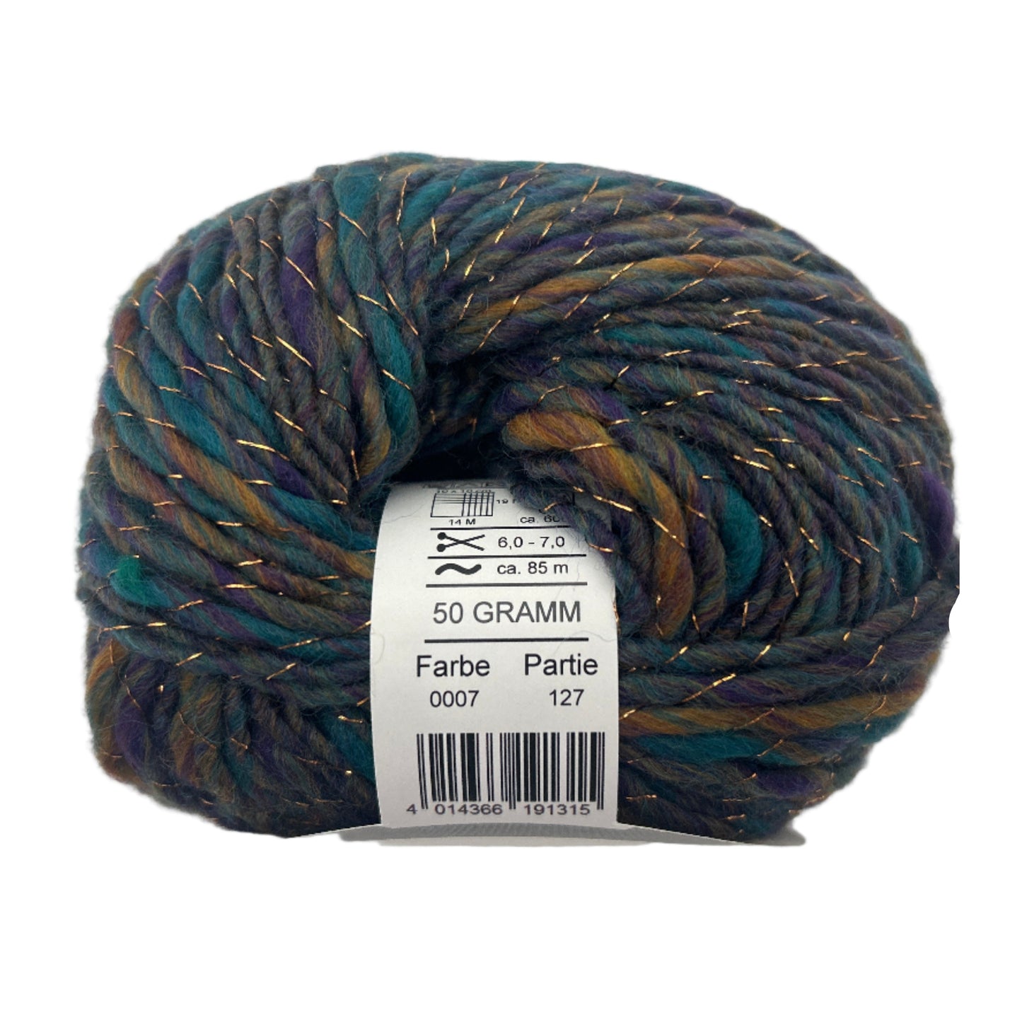 Multicolored skein of yarn with a label on a white background