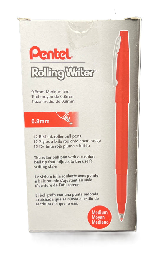 Pentel Rolling Writer packaging with a red pen illustration on a white background