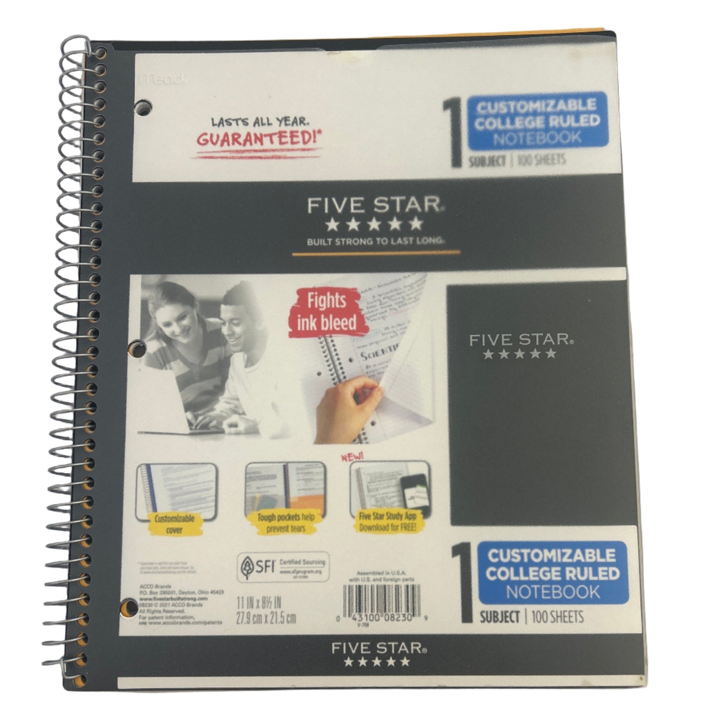 Five Star spiral-bound notebook on a gray background