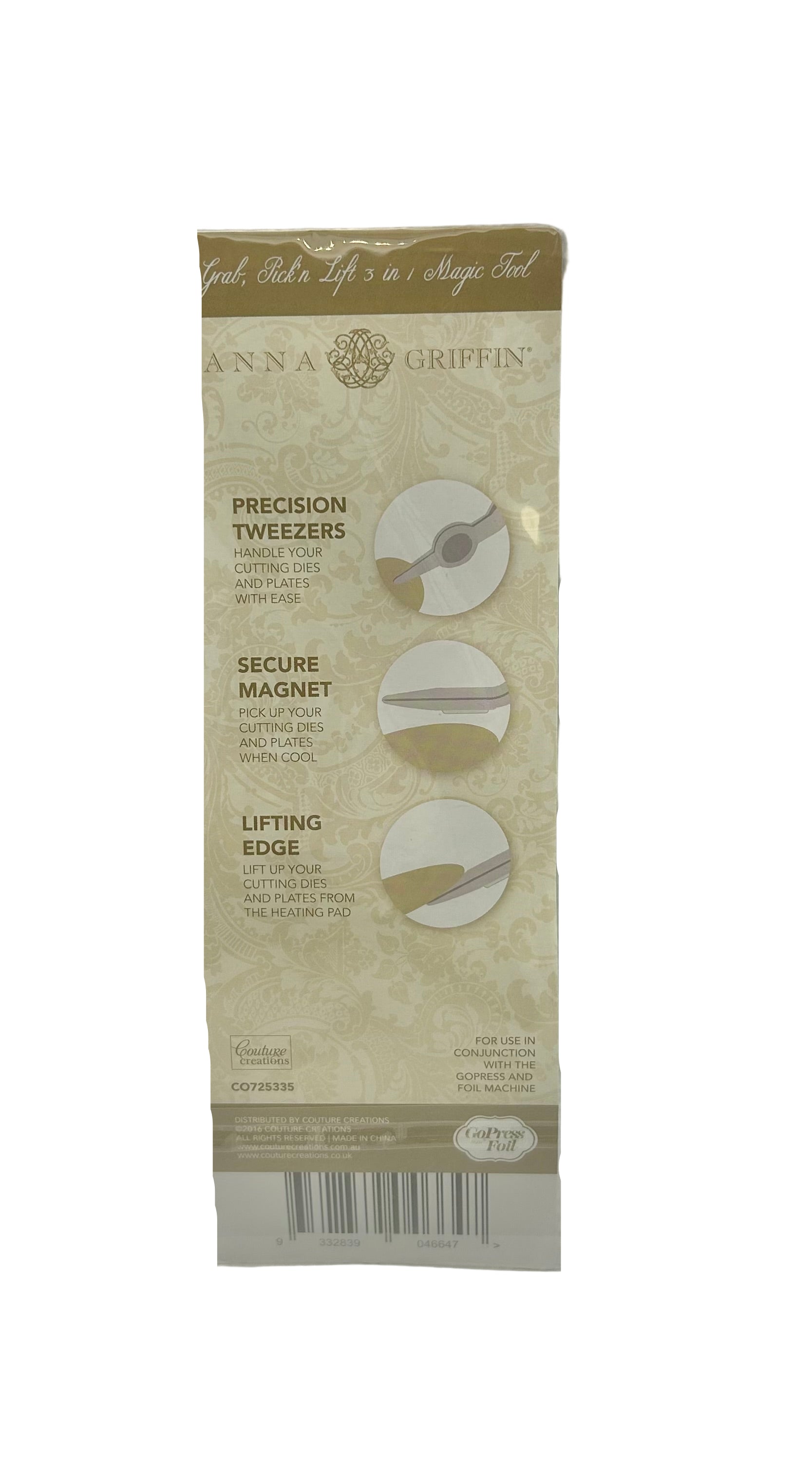 Packaging of Anna Griffin precision tweezers on a white background