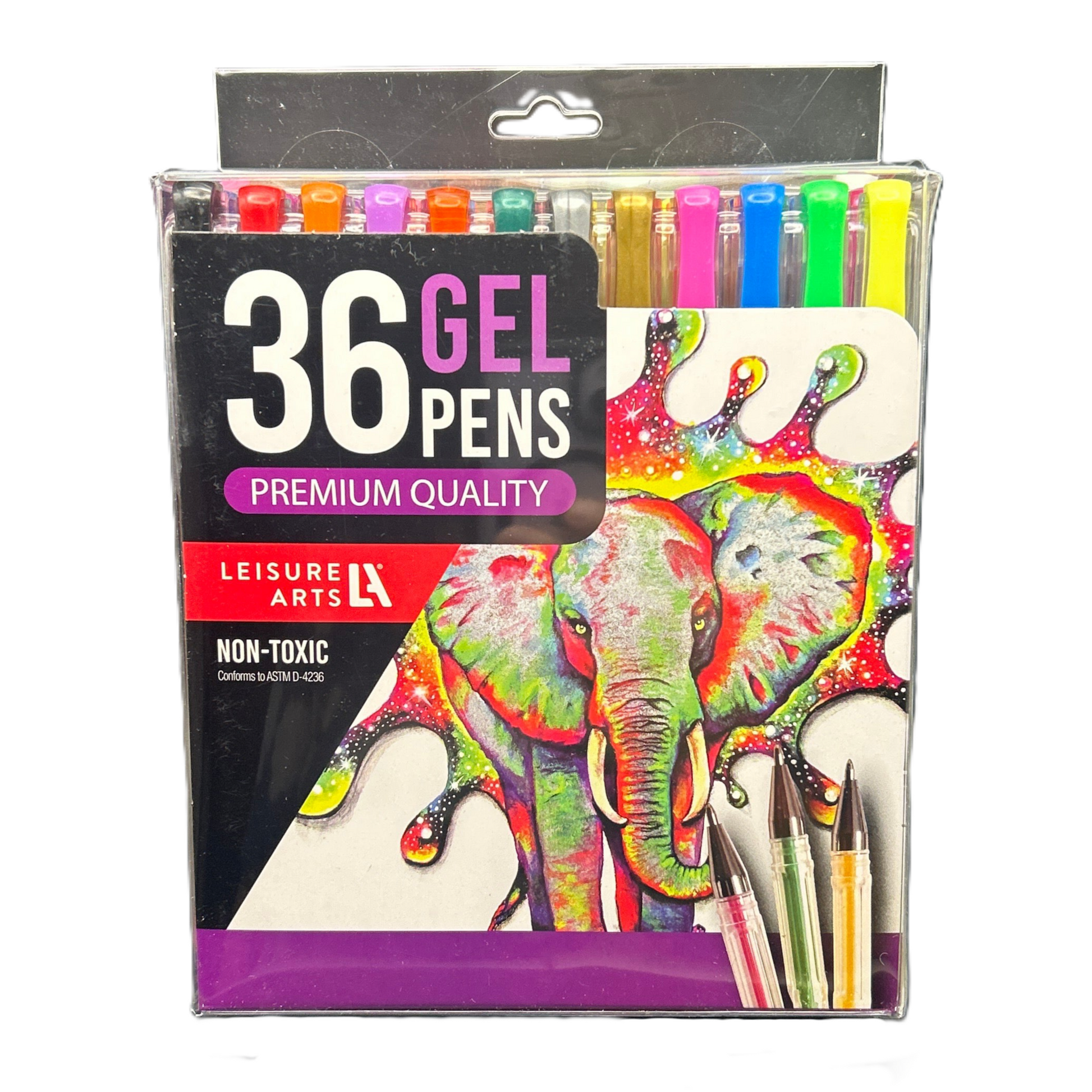 Pack of 36 gel pens with colorful elephant design on packaging
