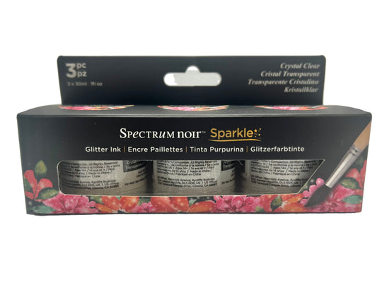 Spectrum Noir Sparkle glitter ink set packaging with three ink bottles and a brush on a white background.