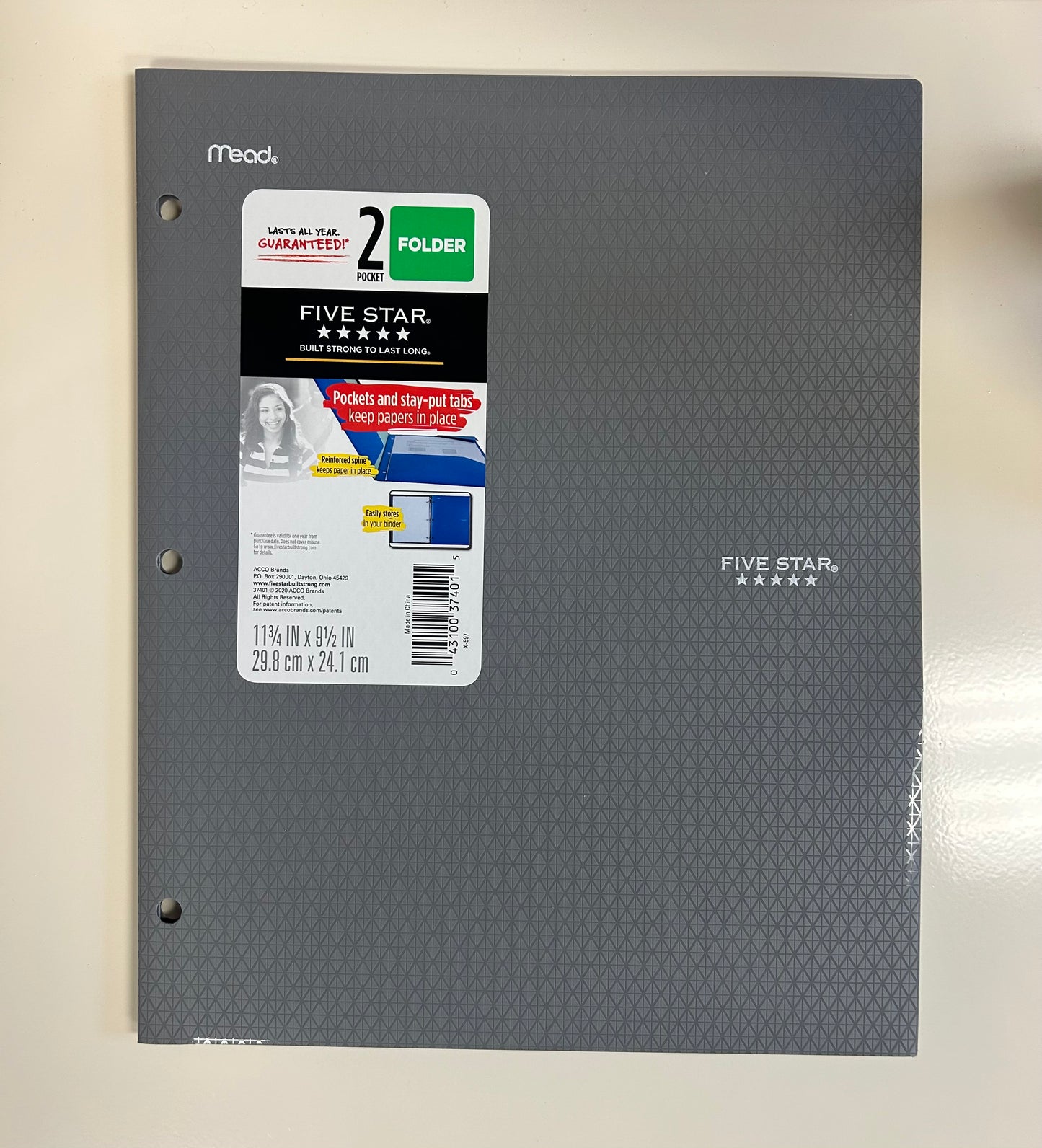 Mead Five Star - 2 Pocket Poly Folder Hole Punched Gray