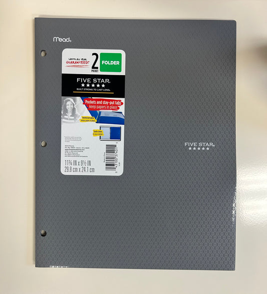 Mead Five Star - 2 Pocket Poly Folder Hole Punched Gray