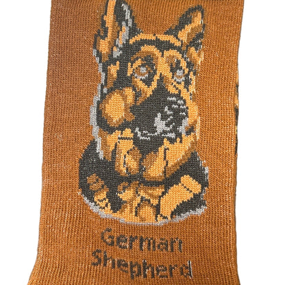 Sock with German Shepherd design and 'Socks By Lucy' branding on a white background