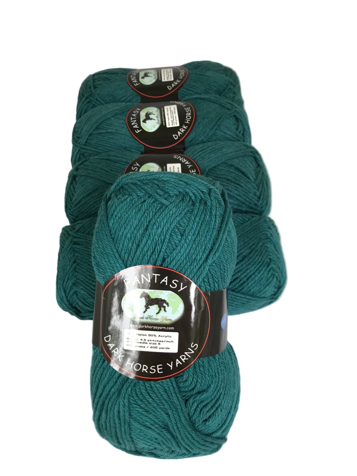 Four skeins of teal yarn with labels on a white background