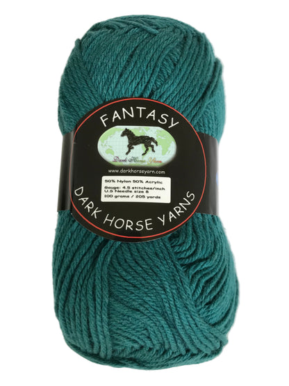 Teal skein of yarn with a label on a white background