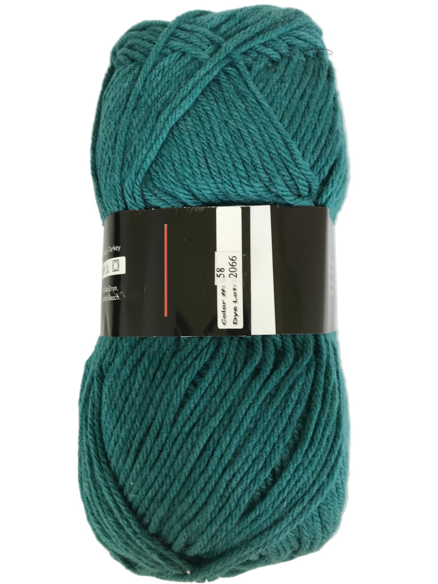 Teal skein of yarn with a label on a white background