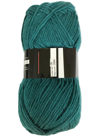 Teal skein of yarn with a label on a white background