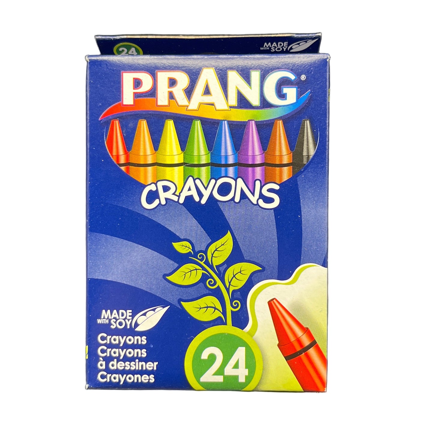 Box of Prang crayons with colorful crayon illustrations on a white background