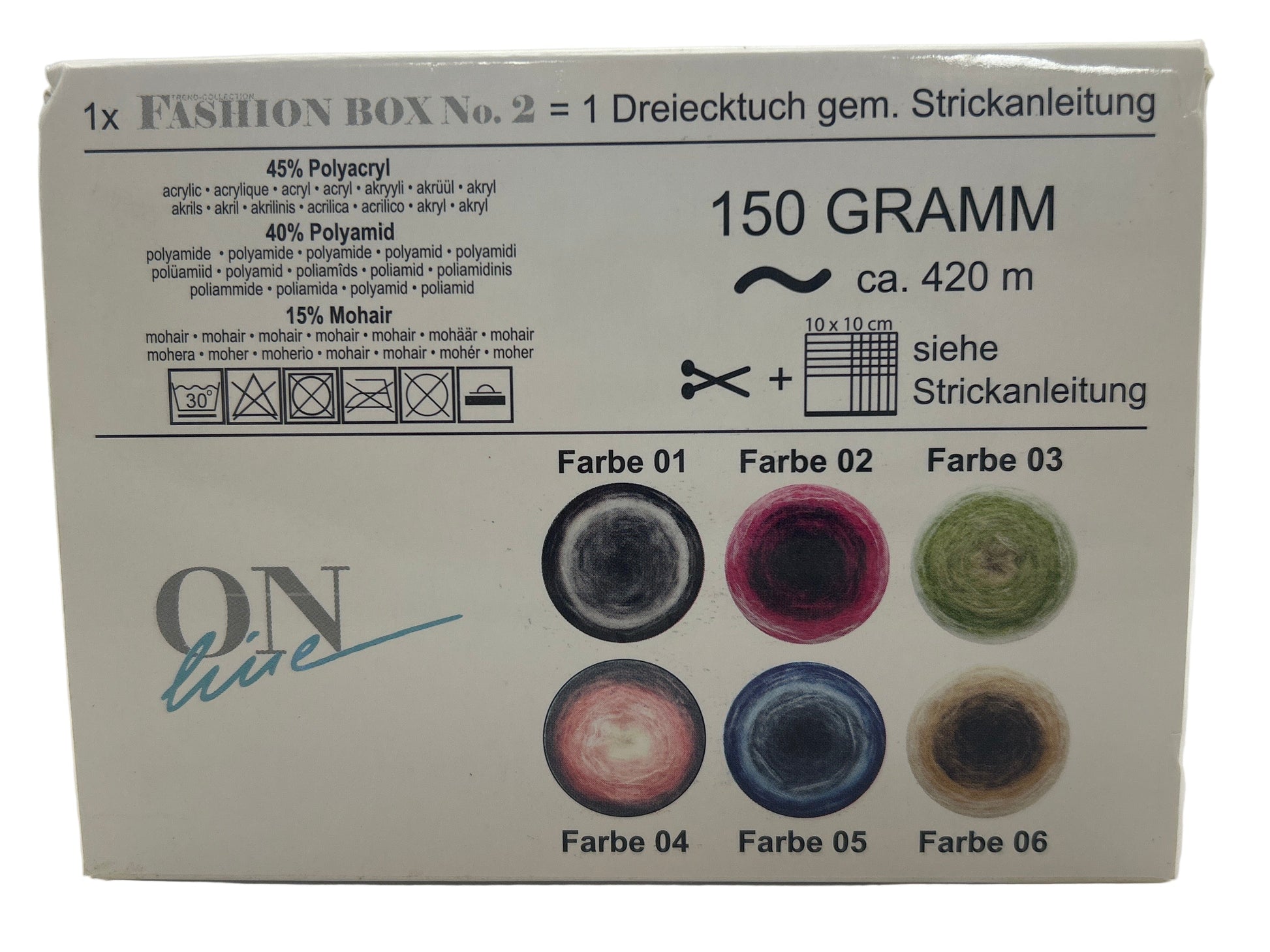 Fishing line box with color samples on a white background