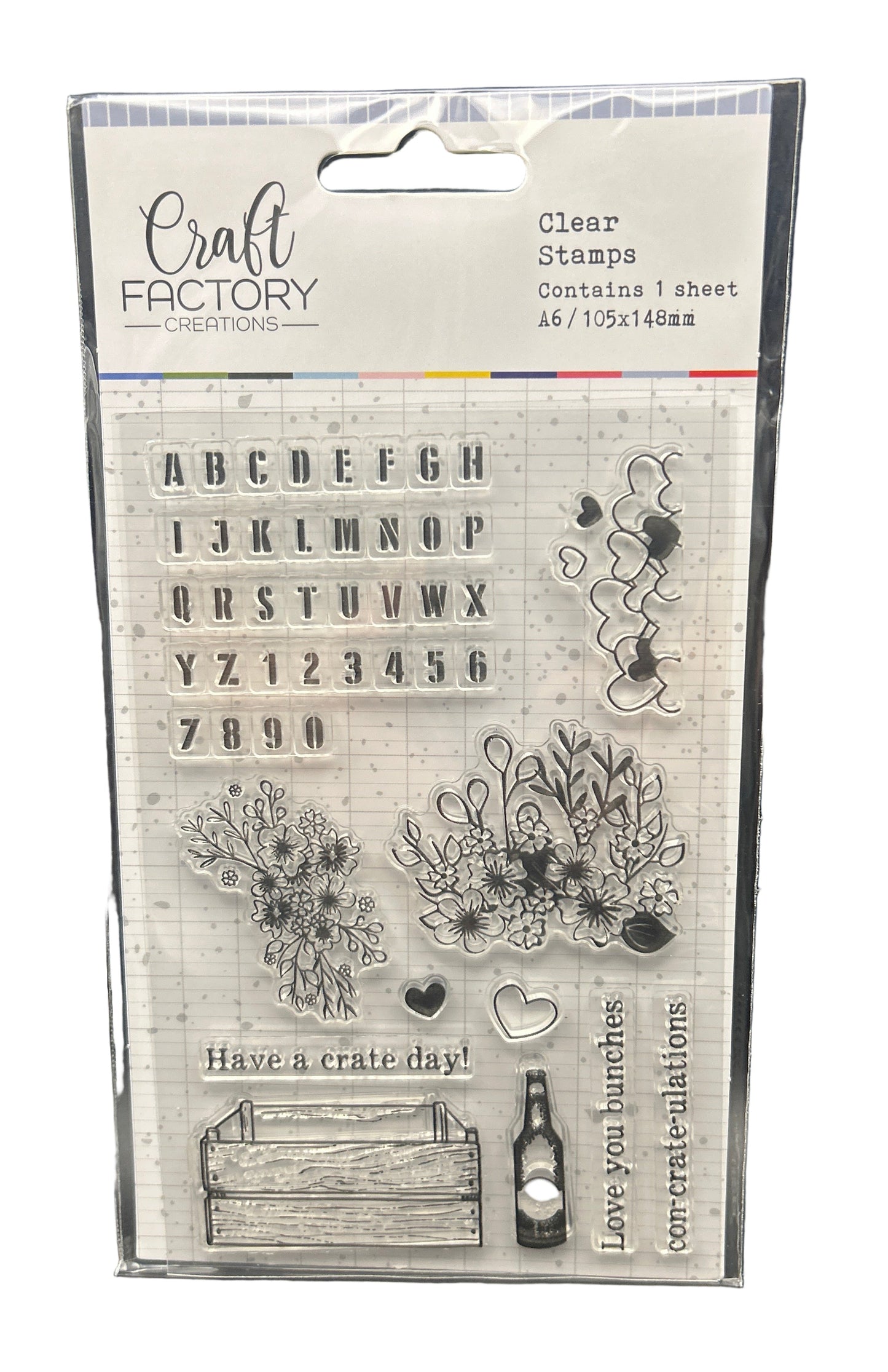 Packaged clear stamps with various designs and text from Craft Factory on a white background.