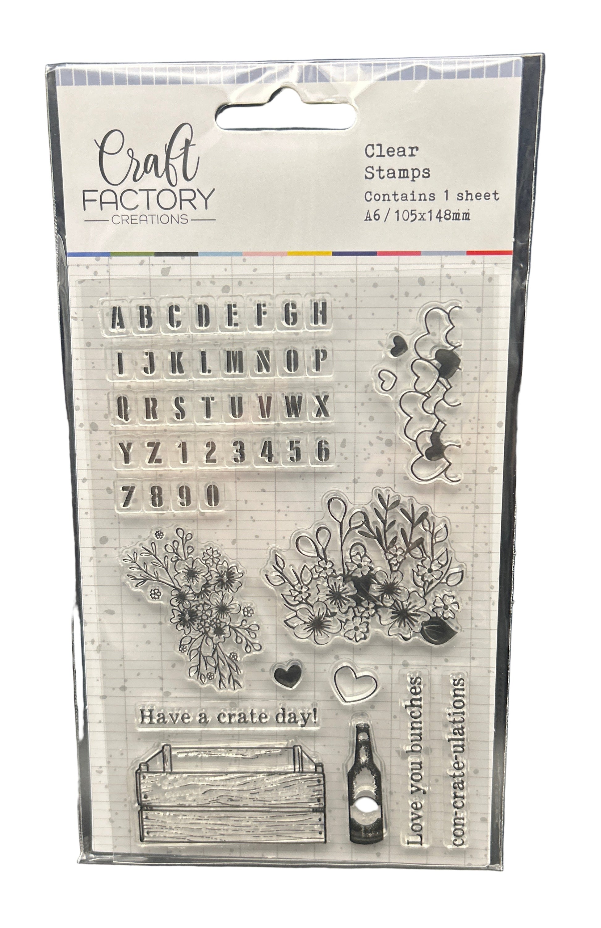 Packaged clear stamps with various designs and text from Craft Factory on a white background.
