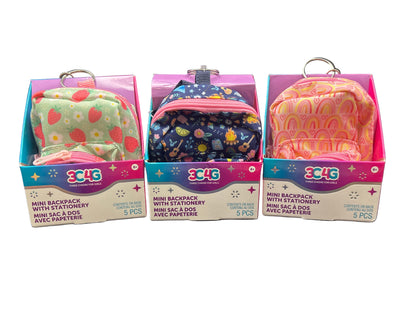 Three mini backpacks with stationery in their packaging on a dark surface