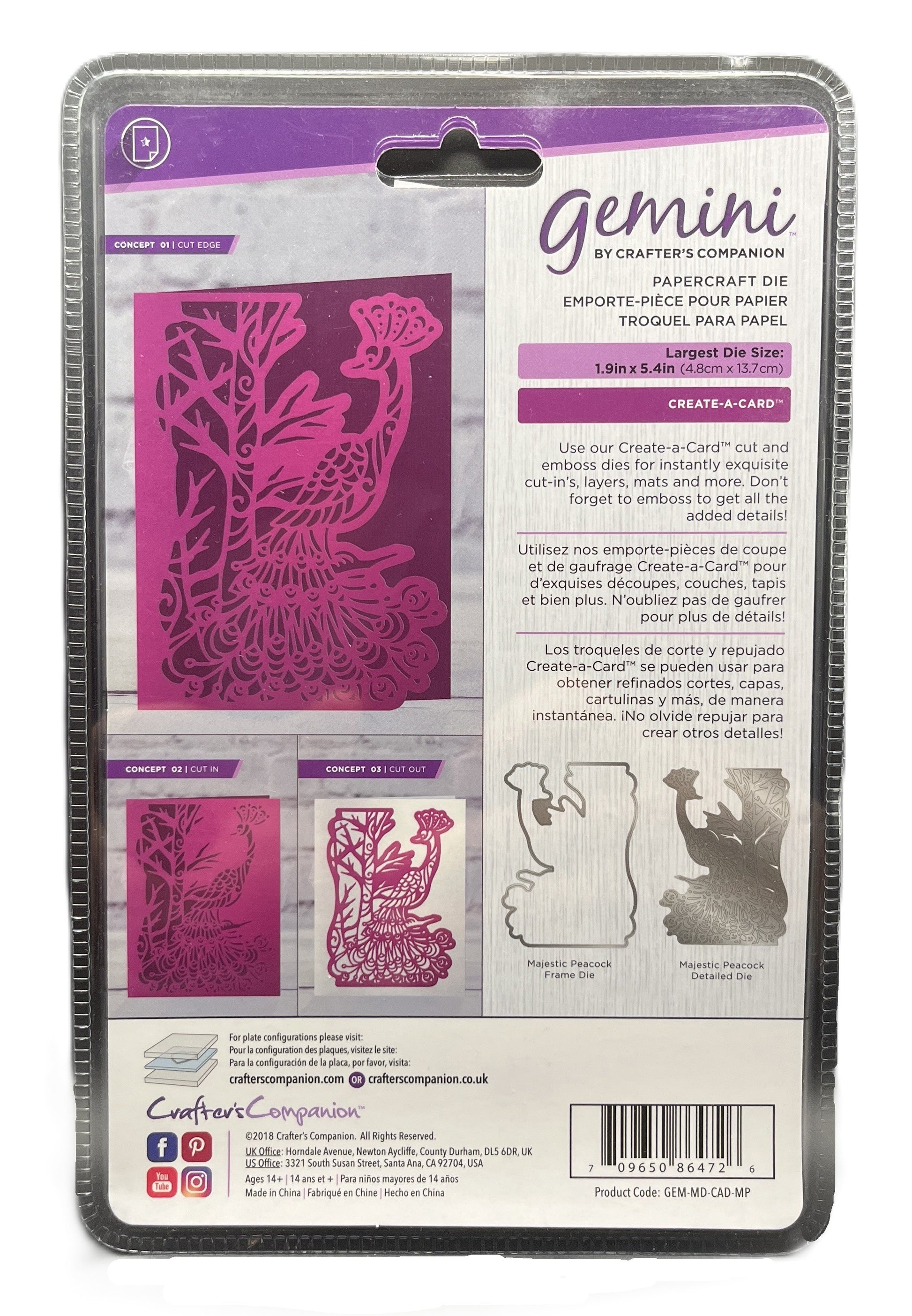 Packaged Gemini die set with bird design on a purple background