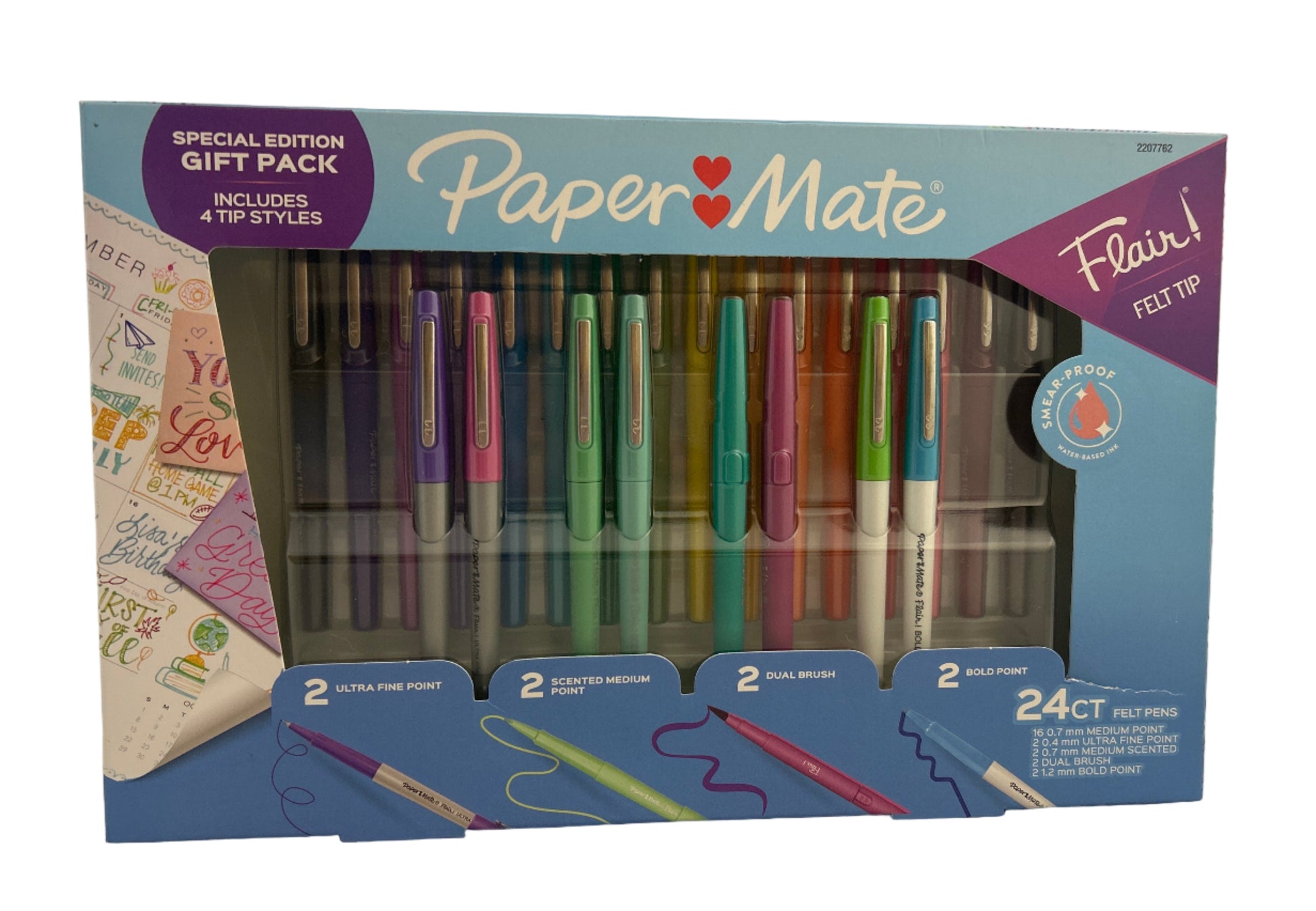 Box of Paper Mate Flair pens with various colors on a white background