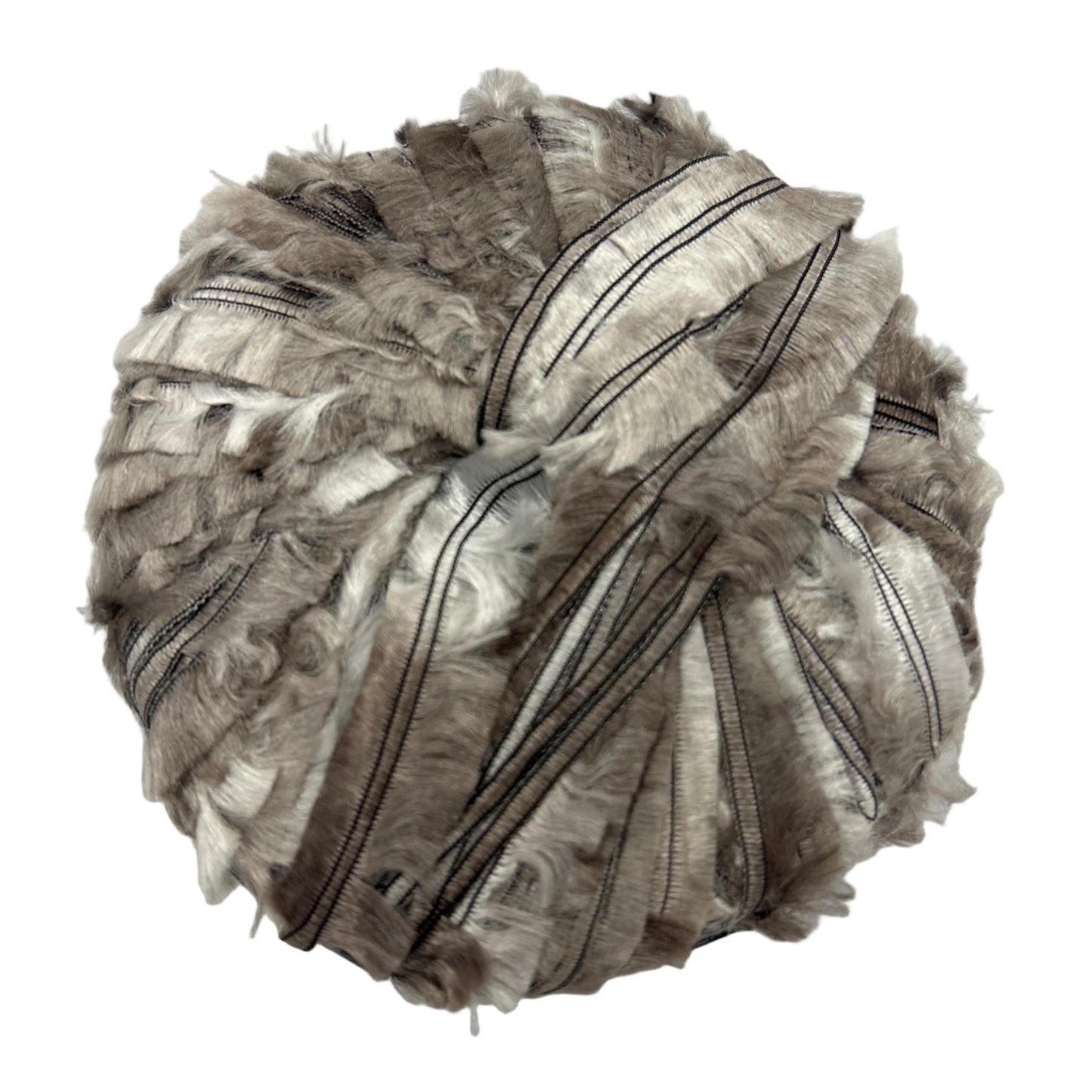 Decorative item resembling a pomander made of ribbons on a white background