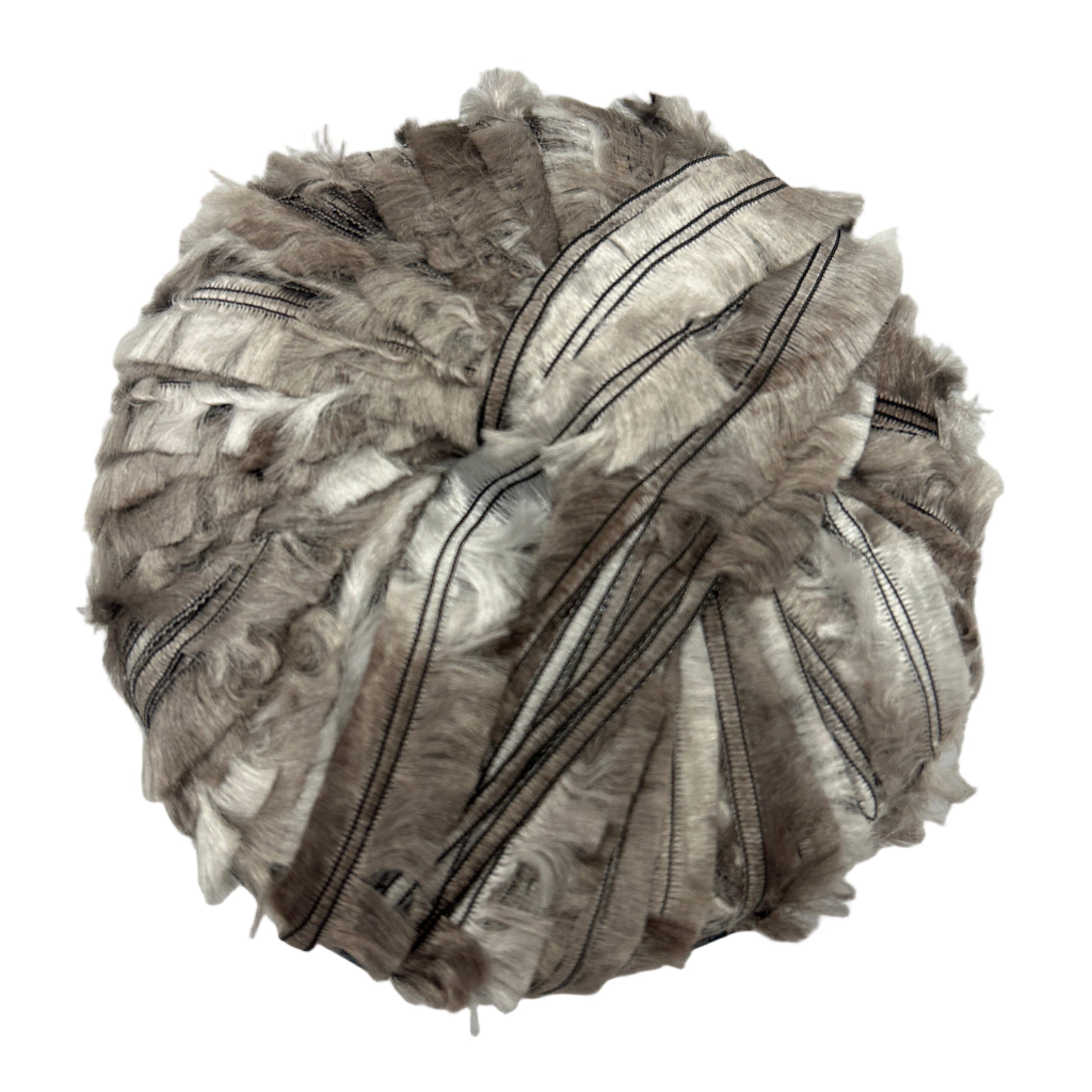 Decorative item resembling a pomander made of ribbons on a white background