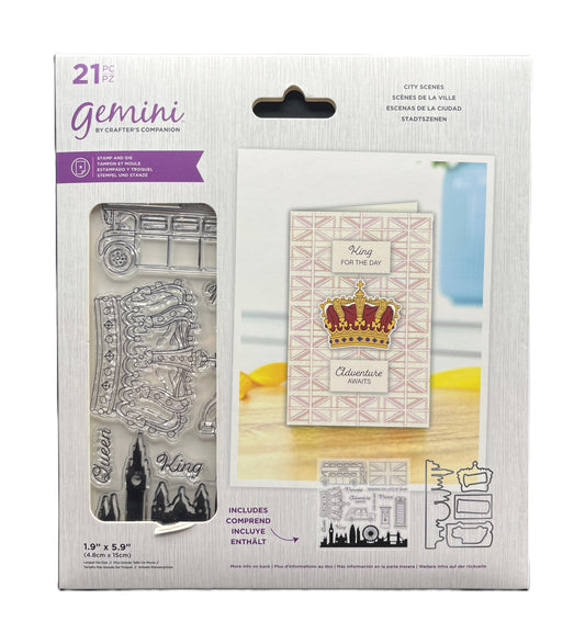 Packaging of Gemini by Crafter's Companion stamp set with clear stamps and die cut pieces.