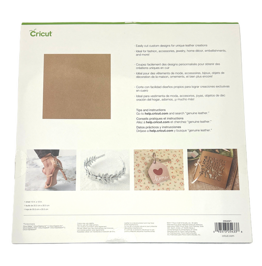 Cricut leather cutting mat packaging with text and images on a white background