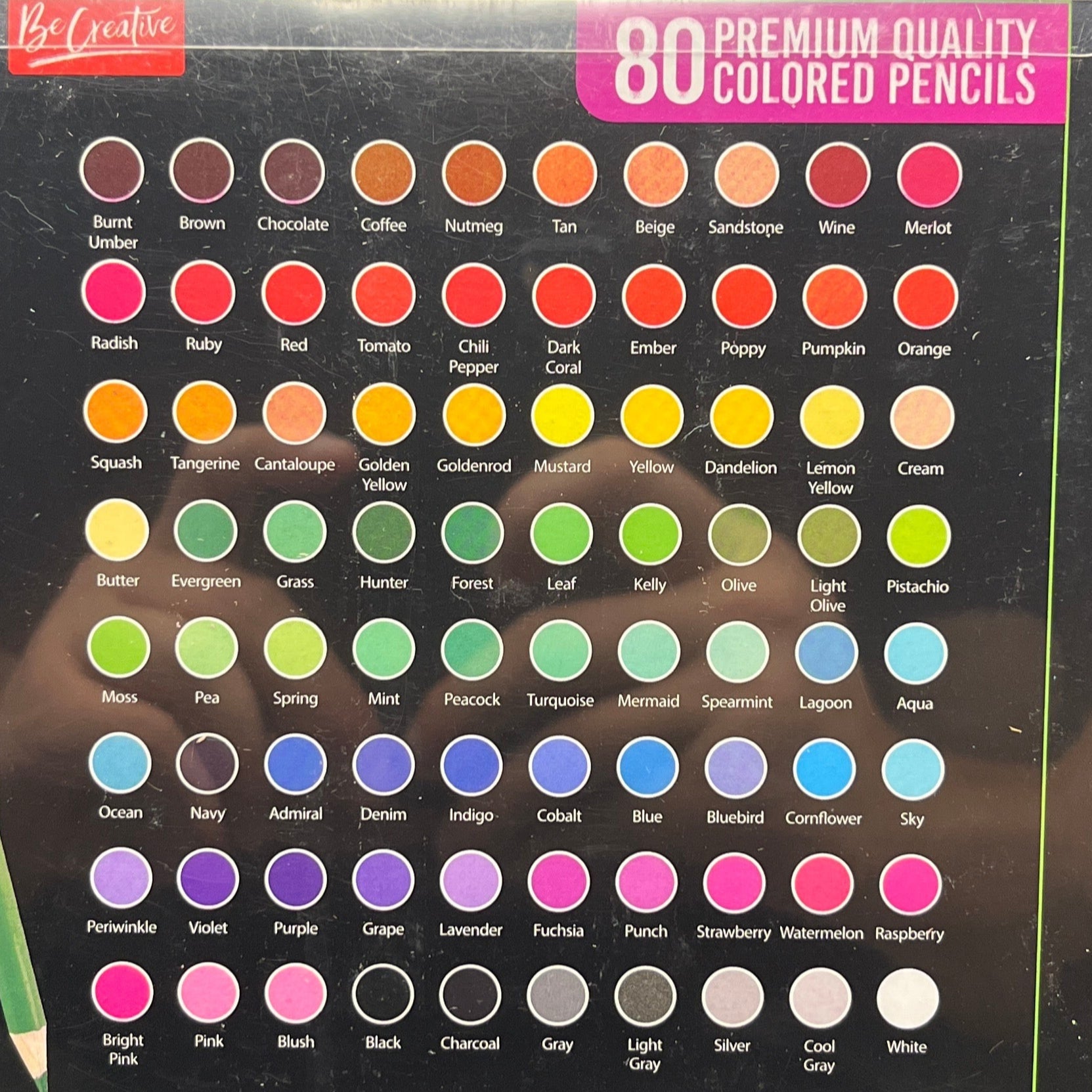 Color chart for 80 premium quality colored pencils with color swatches.