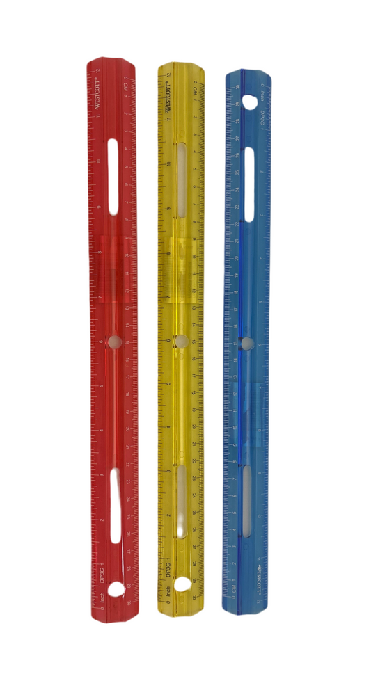 Three colorful rulers (red, yellow, blue) on a white background
