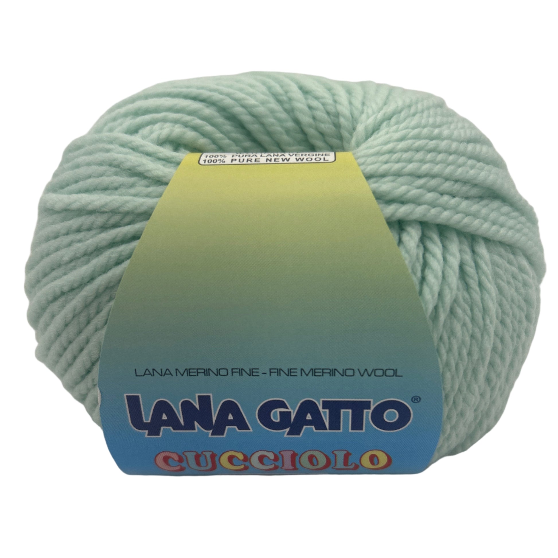 Ball of light green yarn with a 'Lana Gatto' label on a white background