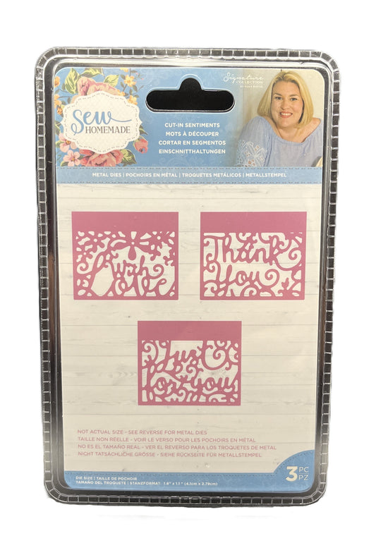 Packaged craft cutouts with decorative text on a white background