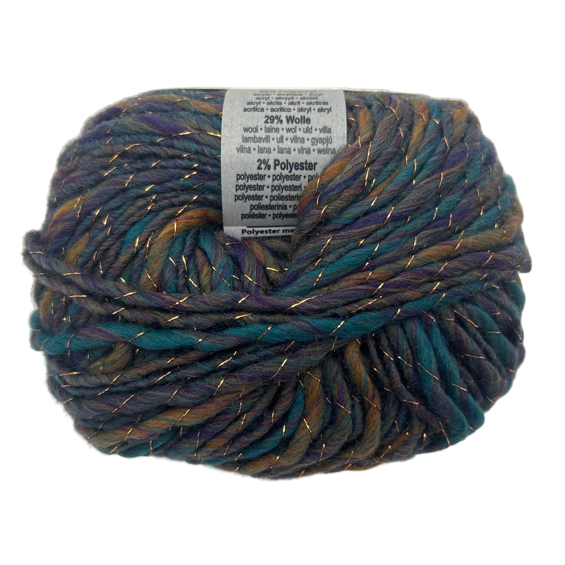 Multicolored yarn ball with a label on a white background