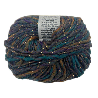 Multicolored yarn ball with a label on a white background