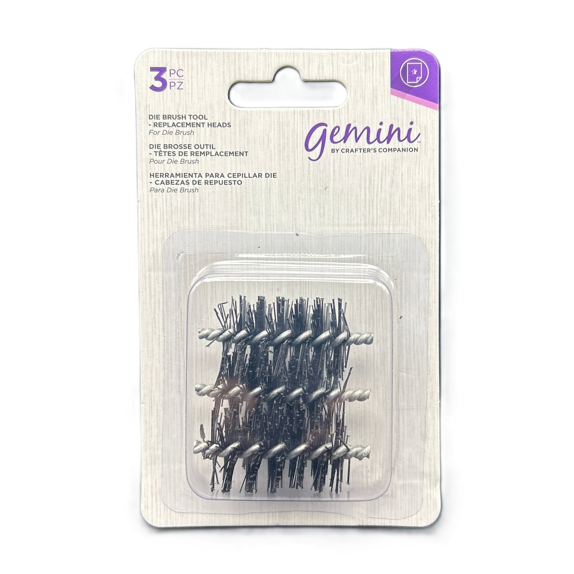 Packaging of Gemini die brush tool replacement heads on a white background