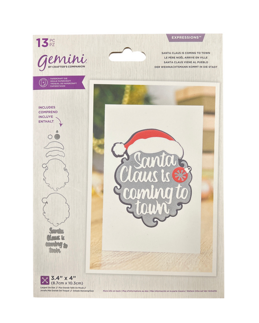 Packaging of Gemini by Crafter's Companion die set with 'Santa Claus is coming to town' design.