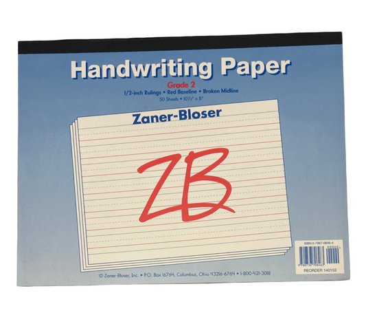 Zaner-Bloser handwriting paper package with a sample sheet on a white background