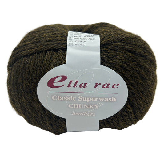 Ball of dark yarn with 'Ella Rae' label on a white background