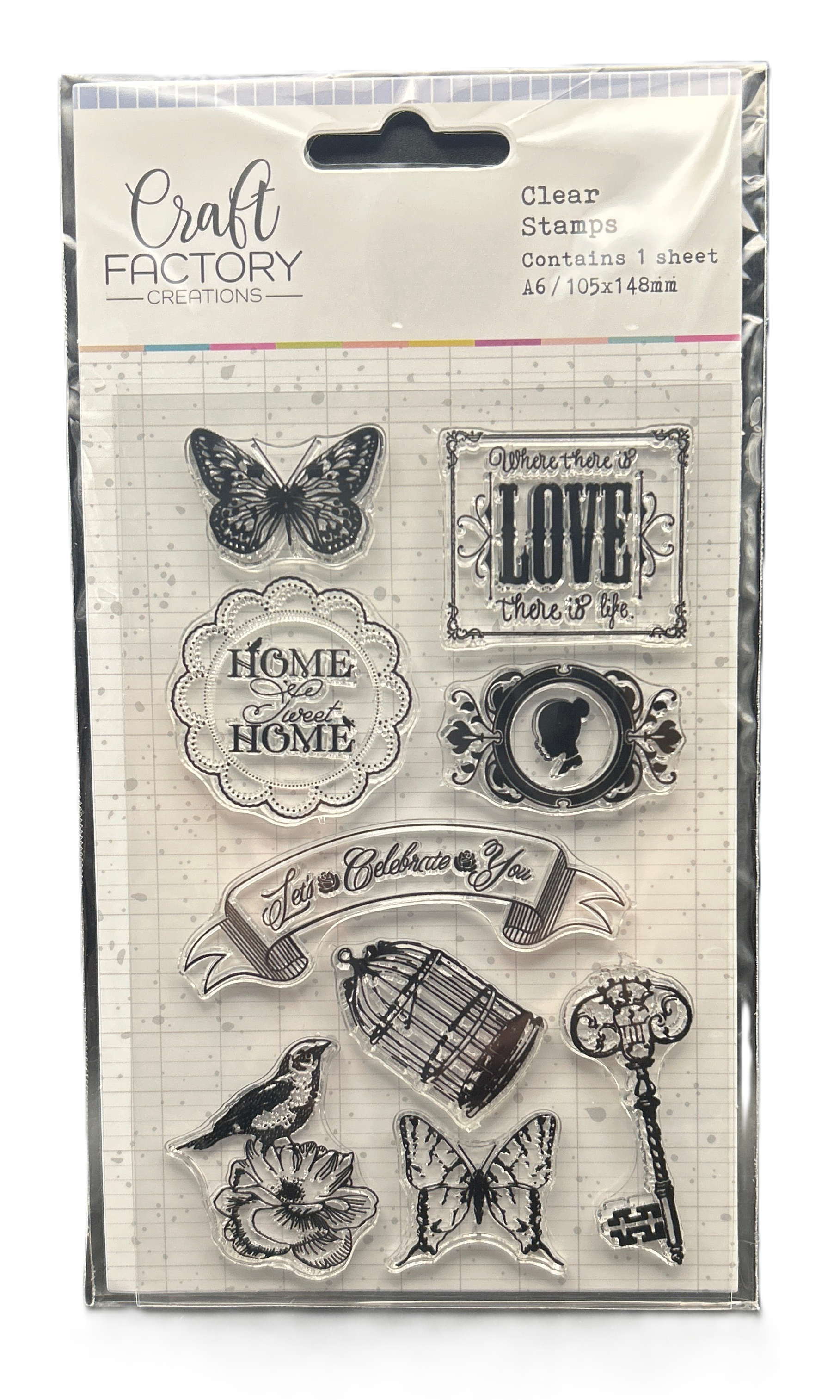 Clear stamps with various designs including butterflies, birds, and text on a Craft Factory packaging.