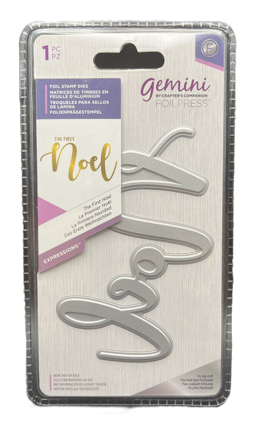 Metal die set with 'Noel' and 'Xmas' designs on packaging, brand 'gemini' visible
