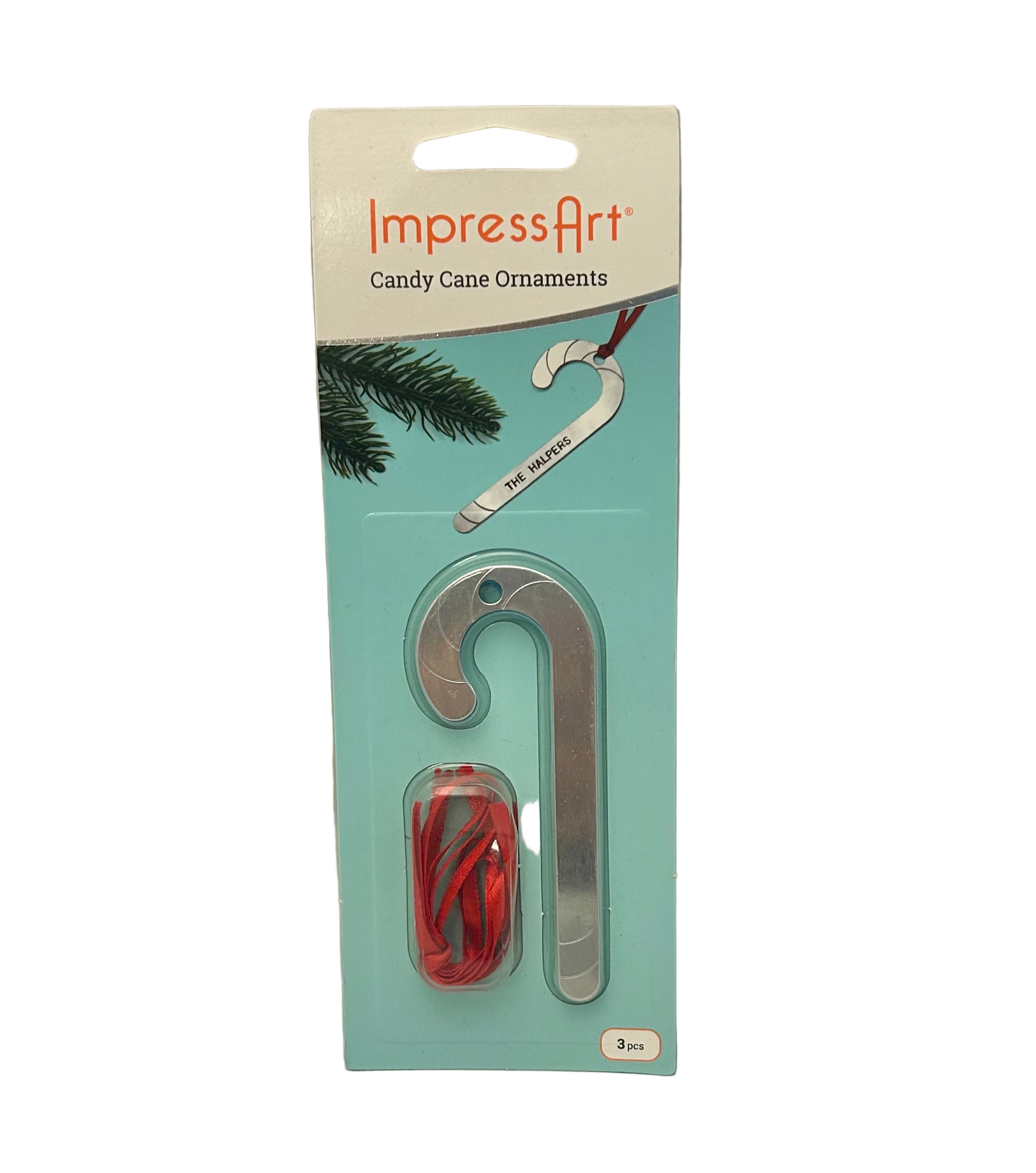 Candy cane ornament set with packaging featuring 'Impress Art' brand on a white background.